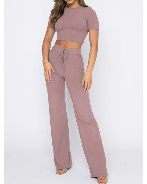 Solid color high elastic body shaping short-sleeved pitted wide-leg pants two-piece set