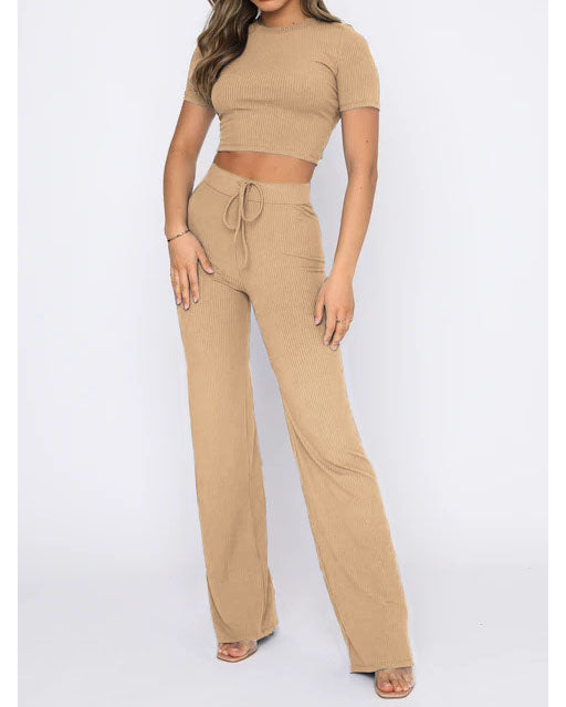 Solid color high elastic body shaping short-sleeved pitted wide-leg pants two-piece set