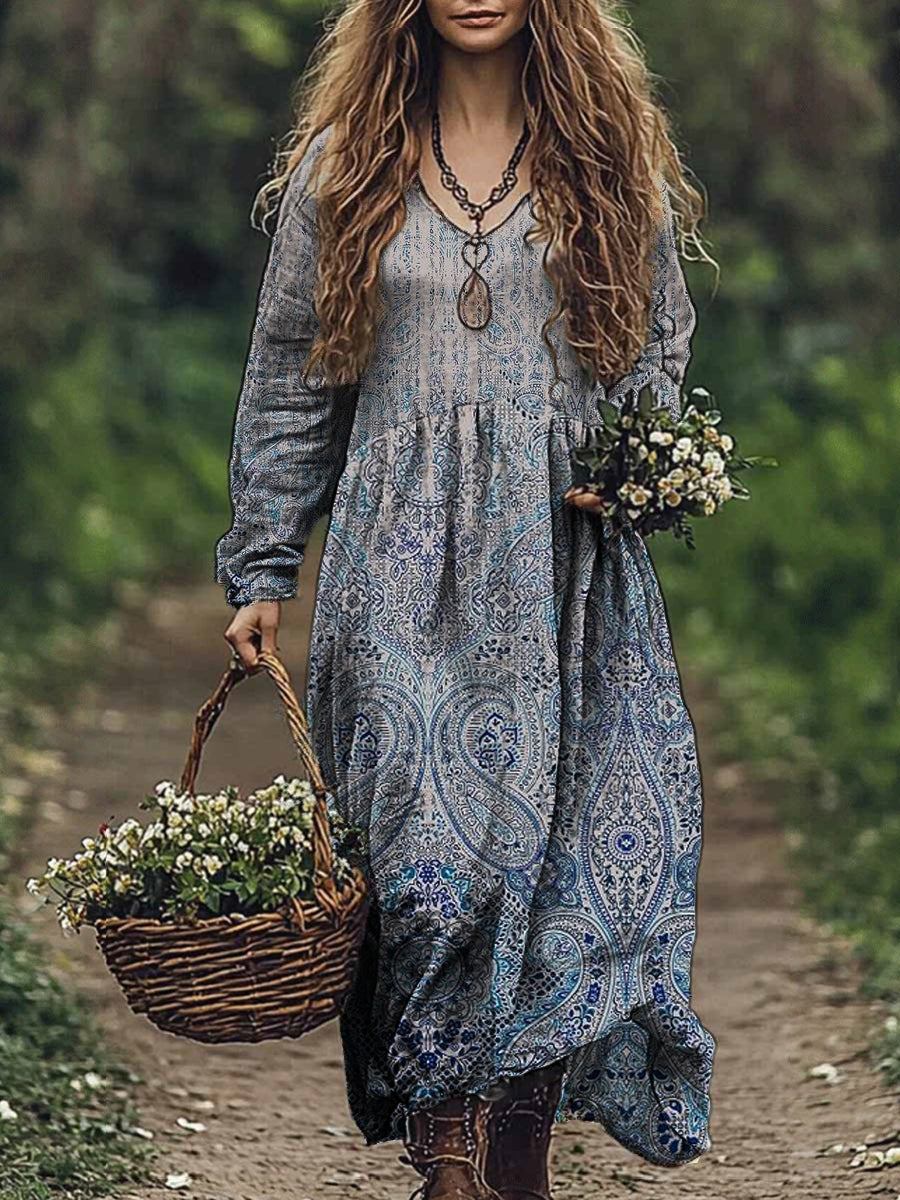 Vintage Floral Art Print V cou élégant Chic lâche à manches longues robe Midi