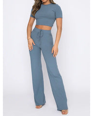 Solid color high elastic body shaping short-sleeved pitted wide-leg pants two-piece set