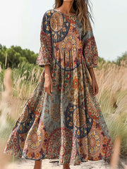 Women's Boho Ethnic Mandala Art Print Flowy Cotton Crew Neck Dress