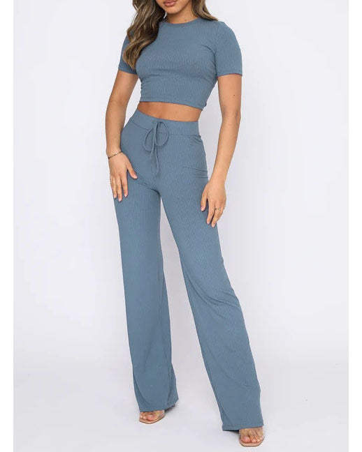 Solid color high elastic body shaping short-sleeved pitted wide-leg pants two-piece set