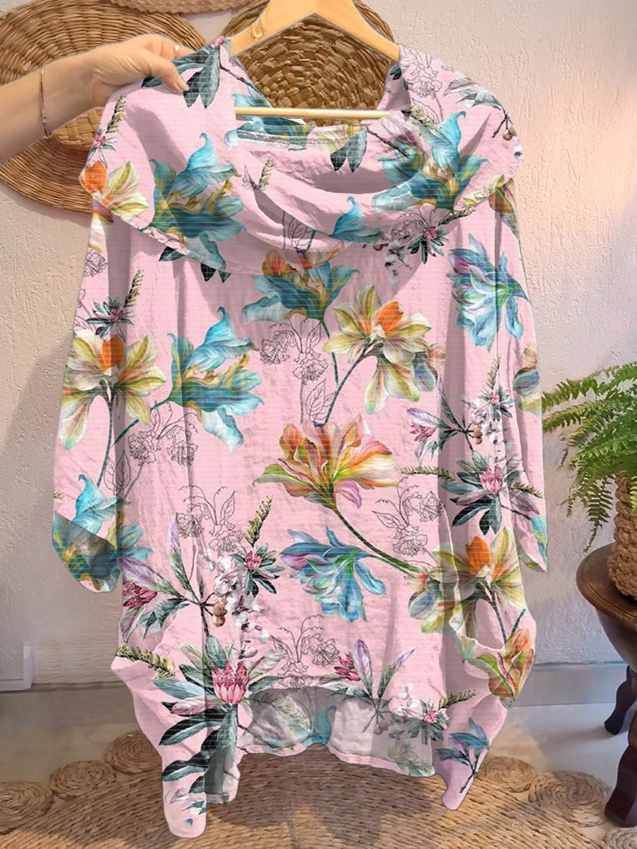 Women's Vintage Floral Art Print Front And Back Wear Short Sleeve Cotton Shirt