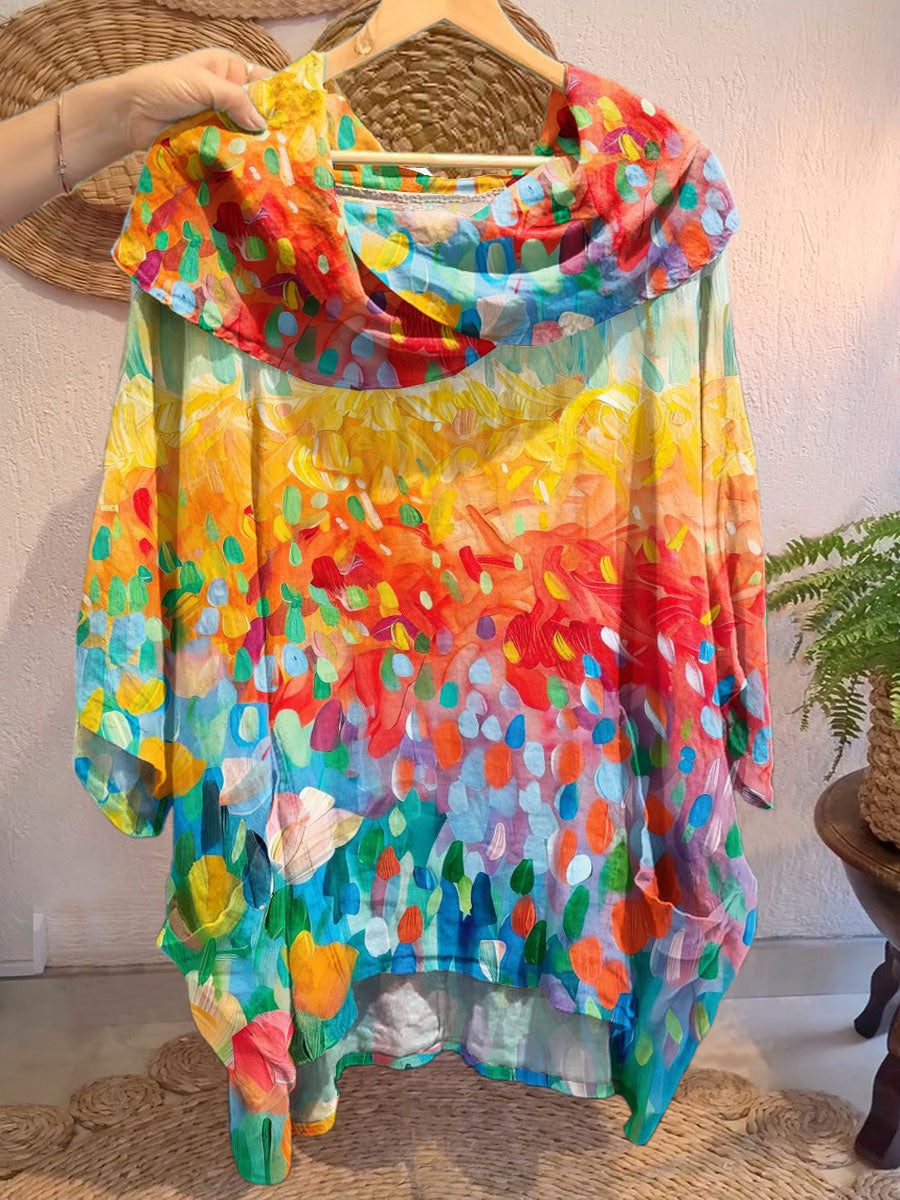 Women's Vintage Floral Art Print Front And Back Wear Short Sleeve Cotton Shirt
