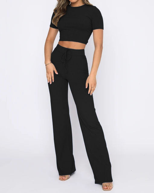 Solid color high elastic body shaping short-sleeved pitted wide-leg pants two-piece set