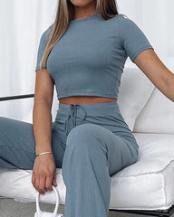 Solid color high elastic body shaping short-sleeved pitted wide-leg pants two-piece set