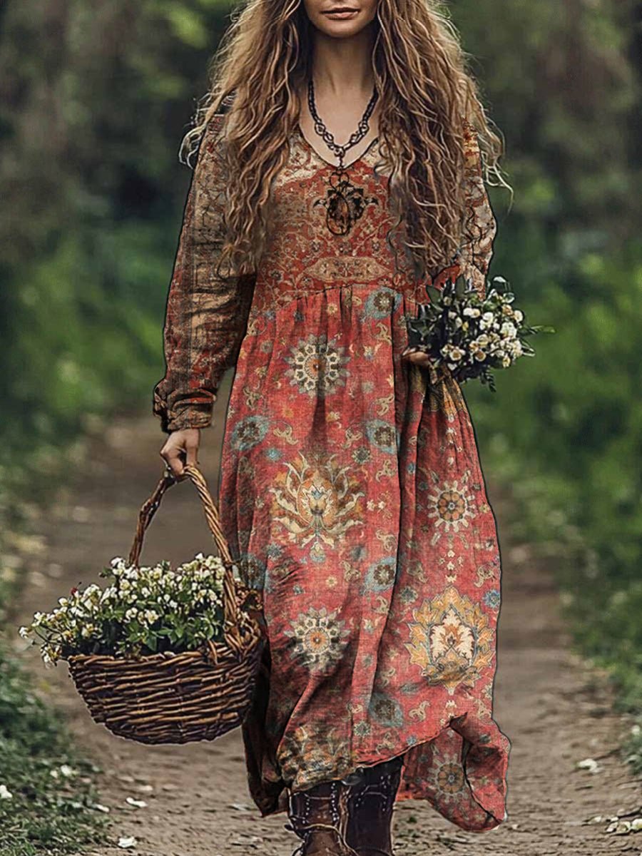 Vintage Floral Art Print V cou élégant Chic lâche à manches longues robe Midi