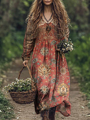 Vintage Floral Art Print V cou élégant Chic lâche à manches longues robe Midi