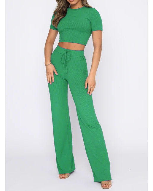 Solid color high elastic body shaping short-sleeved pitted wide-leg pants two-piece set